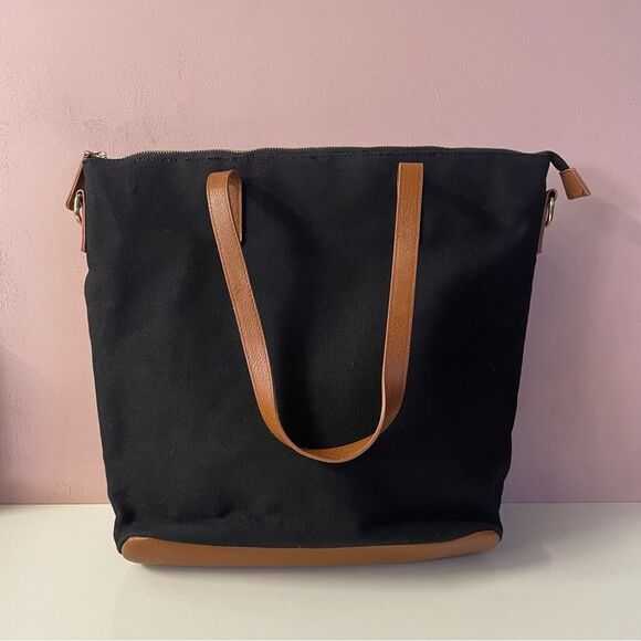 Forever 21 Black Canvas & Cognac Brown Faux Leather Tote Bag GUC - Picture 2 of 6